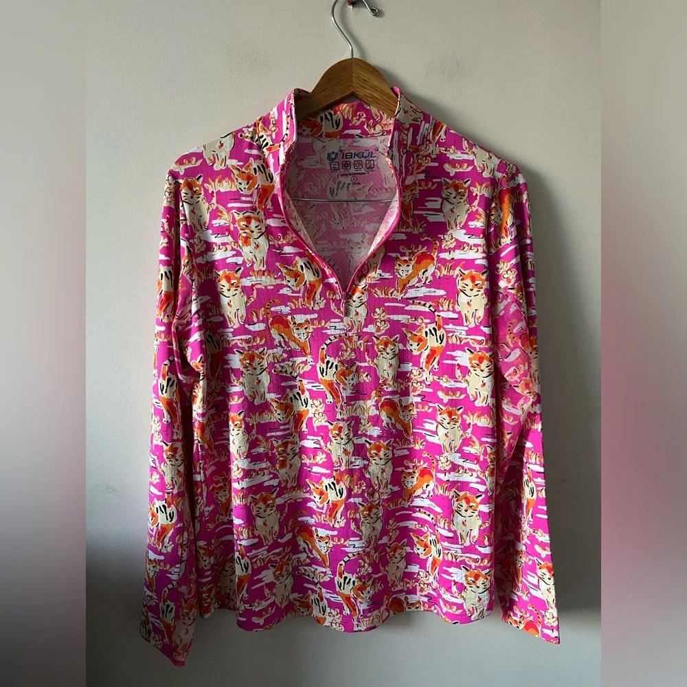 IBKUL Pink Cat Print Long Sleeve Half-Zip Top - Picture 2 of 8